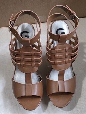 G by Guess Brown Strappy Wedge Sandals